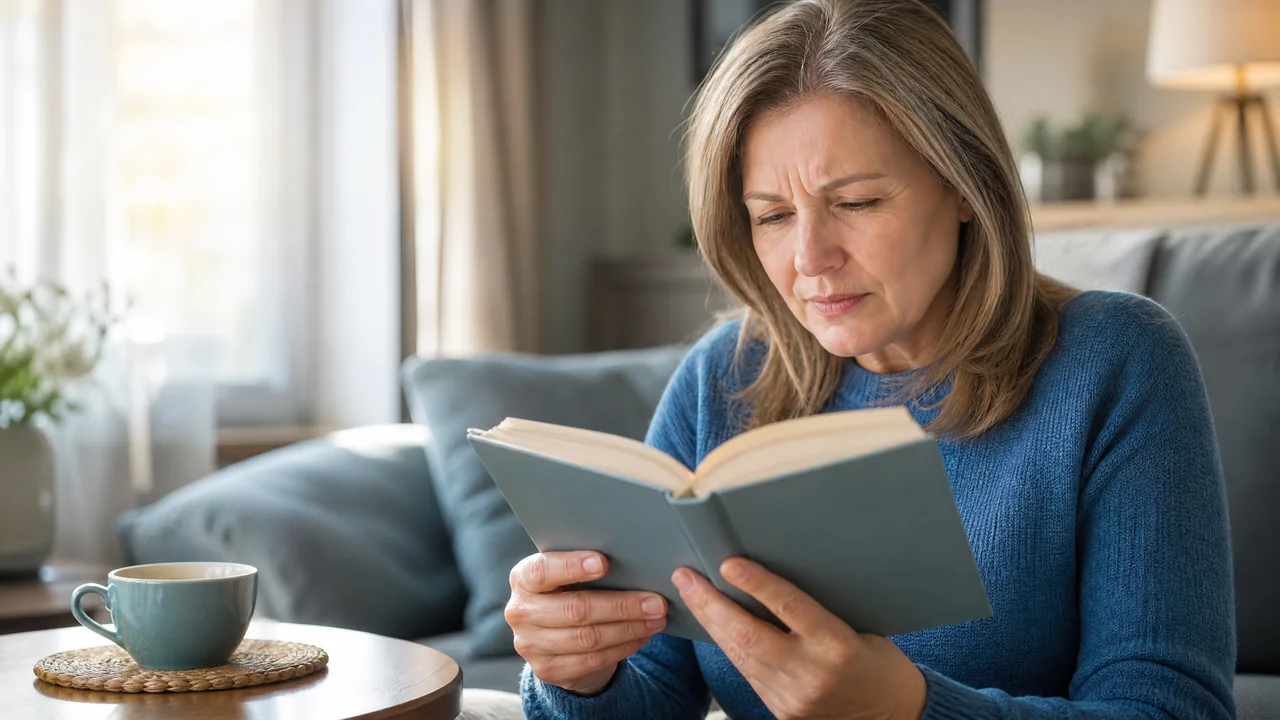Человек пытается разглядеть текст книги, щурясь.